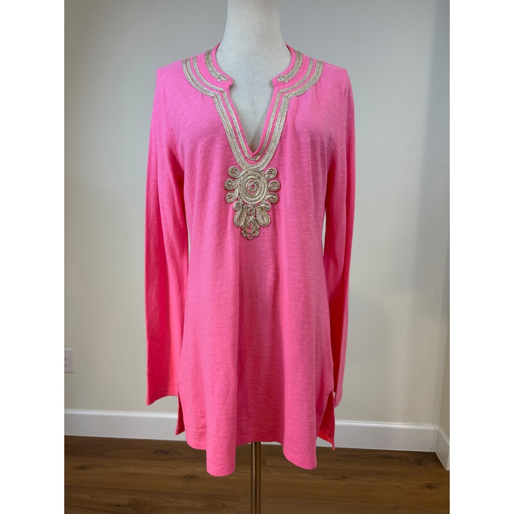 Lilly Pulitzer Tunic Large Pink Excellent Gold Soutache Embroidery resort luxury